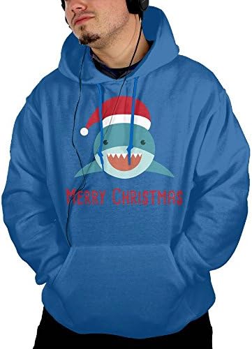 Obachi Merry Christmas Shark Men's Long Sleeve Pullover Pocket Hooded Sweatshirt RoyalBlue Size S