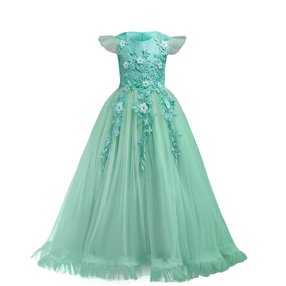 Photo 1 of Big Little Girl Princess Embroidery Flower Lace Long A Line Pageant Dress Kids Floor Length Prom First Holy Communion Bowknot Dress Puffy Tulle Maxi Ball Gown for Wedding Party Birthday Green 3-4