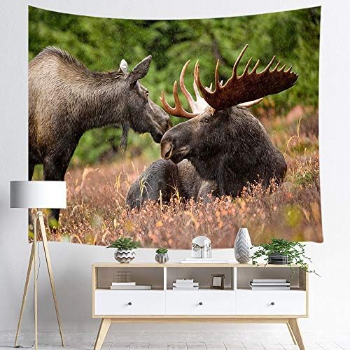 Moose Tapestry Wall Hanging, Elk in Winter Country Forest Wildlife Reindeer Theme Christmas, Panels Bedroom Living Room Dorm, 71 X 60in Polyester Mandala Hippie Style Blankets Home Art Decor