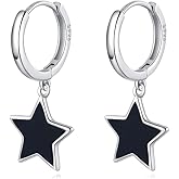 SLUYNZ Solid 925 Sterling Silver Black Star Hoop Earrings for Women Teens 1.3CM Star Hoop Dangle Earrings