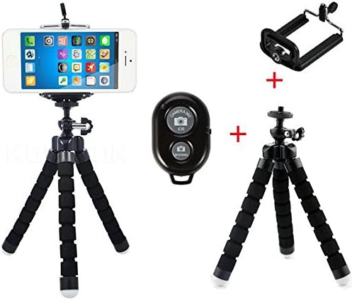 Flexible Octopus Style Portable and Adjustable Tripod Stand Holder for iPhone, Cellphone,Camera with Universal Clip and Bluetooth Remote (Black)