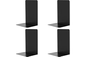 VONDERSO Metal Bookends Black, 2 Pairs Decorative Metal Book End Supports for Shelves Gauge Metal Book Divider Stopper Holders with Non-Slip Anti-Scratch Rubber Pads