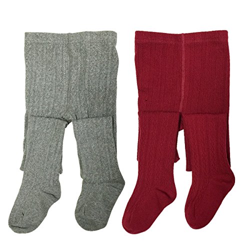 Wrapables Burgundy and Gray Cotton Diamond Weave Knit Tights for Girls (Set of 2), 4-5 Years
