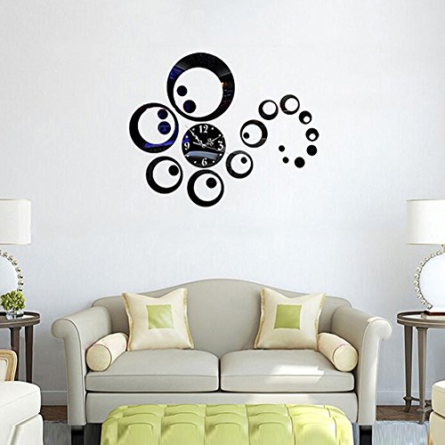 yanQxIzbiu DIY Wall Clock, Circles 3D Modern Mirror Wall Clock Watches Stickers Decals Home Room DIY Decors - Black
