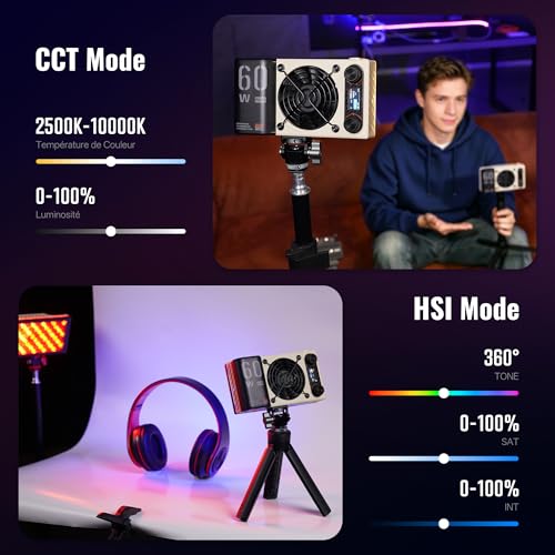 ZHIYUN Fiveray M60 Ultra 60W RGB Video Light [Official] LED Light for Camera, Cold Shoe, LED Video Lighting, APP Control, 4500mAh Battery, 2500K~10000K, 430g, Portable Streaming Lamp for YT TK