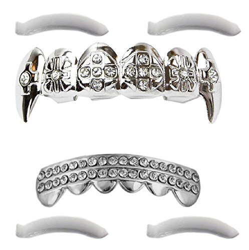 Top Class Jewels 24K White Gold Plated Iced Out Grillz with Fangs CZ Diamonds + 2 Extra Molding Bars, Storage Case + Microfiber Cloth