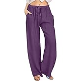 Linen Pants Women Casual Summer Wide Leg Palazzo Pants with Pockets High Waisted Comfy Loose Lounge Beach Trousers