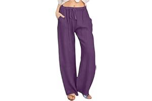 LEHOZIHEQ Women's Cotton Linen Palazzo Pants Summer Solid Trousers Elastic High Waist Wide Leg Pants with Pockets