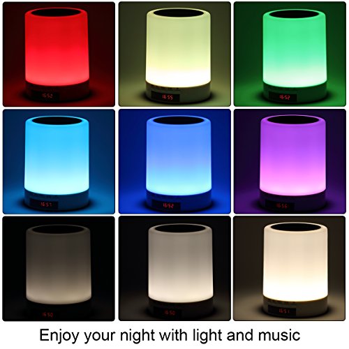 Night light bluetooth speaker, Tranesca Portable Wireless Bluetooth Speaker with 7 color LED light, warm night light and alarm clock