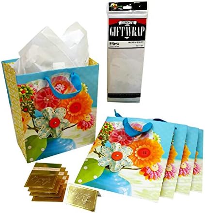 Five Gift Bags, Size Small to Medium with White Tissue Paper and Gold Gift Cards Tags.