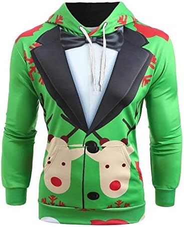 Gallity Men Christmas Suit 3D Pattern Suit Tie Print Long Sleeve Drawstring Sweatshirt Hoodie Pullover (L, Green)
