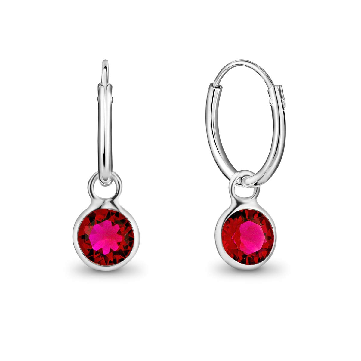 925 Sterling Silver Small Endless Hoops Earrings with Round Dangling Crystals 5 mm - Faux Ruby Sleeper Earrings for Women - Thickness 1.5 mm - Outer Diameter: 14 mm