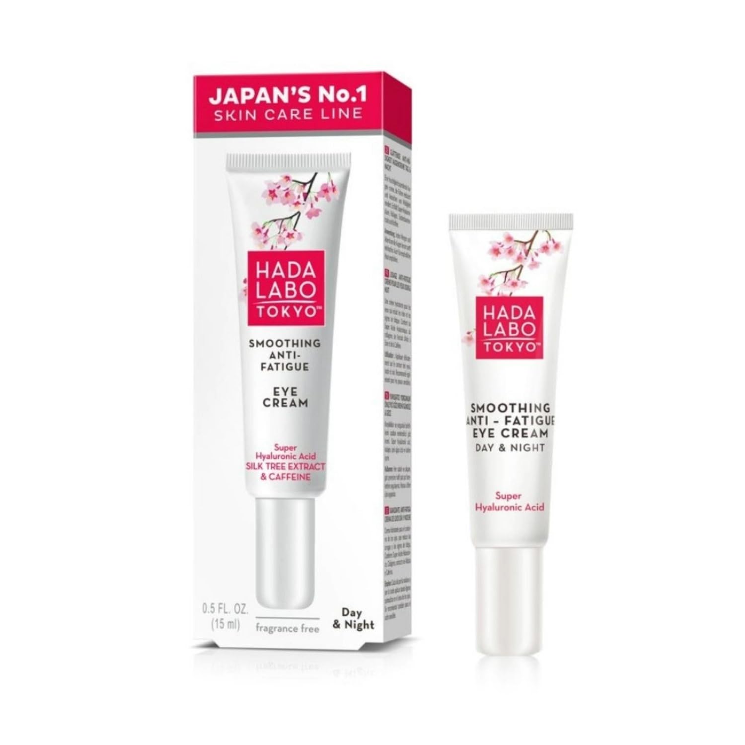Hada Labo Tokyo - Super Hyaluronic Acid Smoothing Anti Fatigue Eye Cream Day and Night, with Silk Tree Extract & Caffeine, 15 ml Tube (Pack of 1)