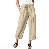 TBA Women's Casual Pants Summer Wide Leg Capris Drawstring Elastic High Waist Cotton Cropped Trousers with Pockets