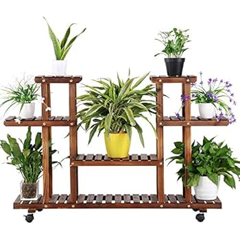 Yaheetech 4-Layer Wooden Flower Stands Rolling Flower Plant Display Shelf Storage Rack Ladder Stand Rack Corner Plant Stand Living Room Balcony Patio Yard Outdoor Indoor Ample 12 Pots Brown