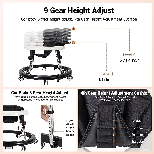 Hcosmy Baby Walker Foldable with 9 Adjustable Heights, Baby Walkers and Activity Center for Boys Girls Babies, Baby Walker and Bouncer Combo with Wheels Portable Anti-Rollover