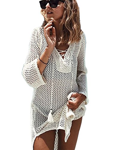 Locryz Women's Crochet Beach Dress Lace up Tunic Split Bathing Suit Cover Up (White) - Thumbnail 3