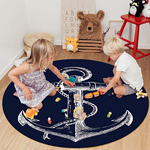 Round Area Rugs 3 ft Nautical Navy Blue Anchor Soft Floor Carpets Indoors/Outdoor Living Room/Bedroom/Children Playroom/Kitchen Mats Non Slip Yoga Carpets