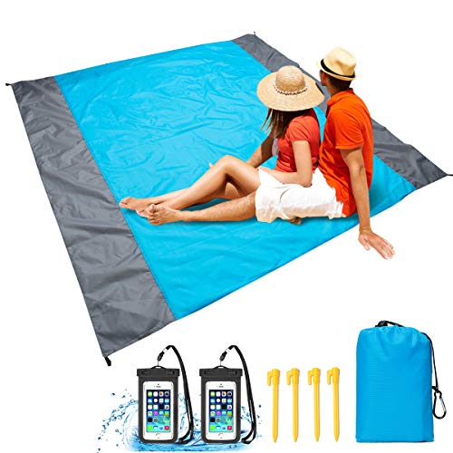 Wemk Beach Blanket, Premium Waterproof Outdoor Beach Blanket Sand Proof Mat, 82.7″ X 78.7″, Fast Dry, for Travel, Camping, Hiking, with 2 Waterproof Phone Bag