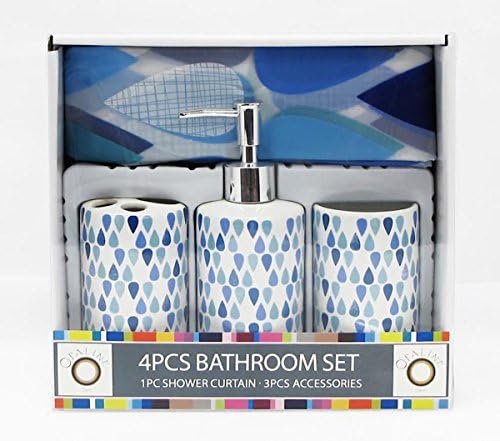 Blue Teardrops Raindrops Design 4 Piece Ceramic Bath Ensemble with, Shower Curtain, Lotion Dispenser, Toothbrush Holder &amp; Tumbler