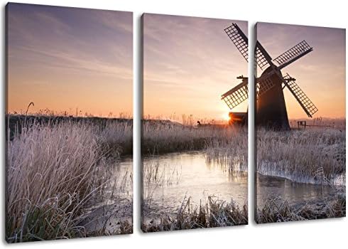 Covered three-piece total 120x80, painting on canvas, huge XXL images completely finished and framed with stretcher, Art print on wall picture with frame, cheaper than painting or picture, no posters or poster: Windmill on a frosty morning format