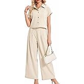 MANAIXUAN Women's Fashionable Summer And Autumn Solid Color Short Sleeved Button Up Collar Top And Pants Casual Two-Piece Set