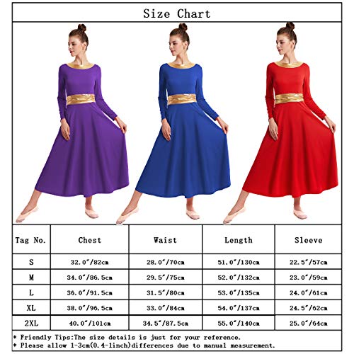 HIHCBF Women Long Sleeve Praise Dress Liturgical Metallic Waistband Full Length Wide Swing Loose Fit Worship Dancewear Black XL - Thumbnail 6