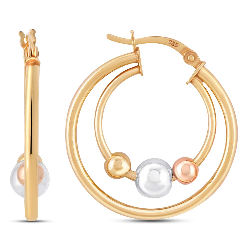 Charmsy 925 Sterling Silver Elegant Sterling Silver Jewellery Double-Circle with Three-Tone Beaded Hoop Earrings for Women 25 MM | Lightweight Silver Earrings Jewellery Gift for Women