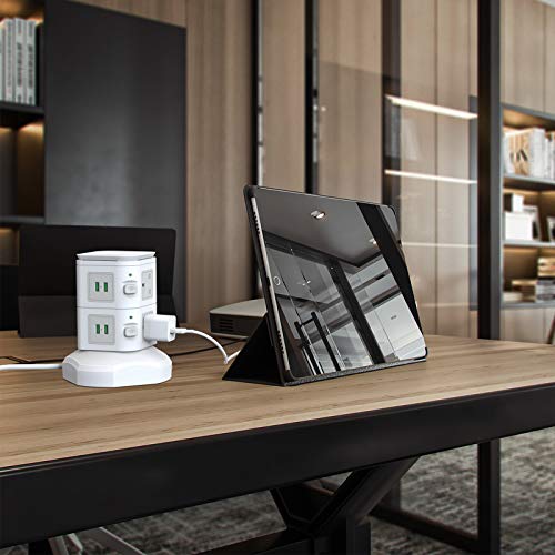 bedee Tower Extension Lead, Surge Protector Extension Lead with 4 USB Slots and 6 Outlet Plugs, Power Strip Tower with 10W Fast Wireless Charger, 6ft Extension Cable