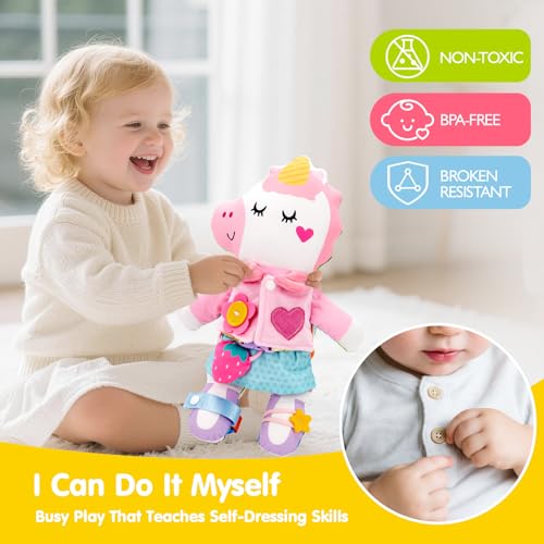 hahaland Montessori Plush Doll, 2 in 1 Dino & Unicorns Plush for Girls 1 2 3 Years Old Interactive Dress Up Toys Gift Boys Girls 2 3 4 Years Old