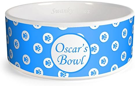 Swanky Paws Personalised Paw Pattern Custom Design Dog Bowl Cat Pet Food Dinner Dish (Large, Blue)