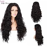 Life Diaries 250%Density Fashion Long Natural Wave 10%Human Hair+90%Heat Resistant Fiber Glueless Lace Front Synthetic Wig For Women(26",Black)