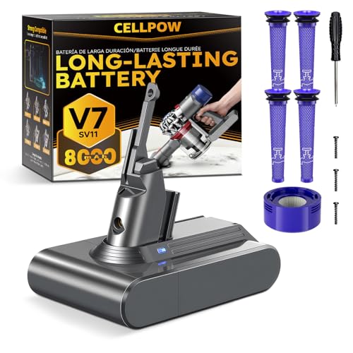 CELLPOW 8000mAh 21.6V Li-ion V7/SV11 Battery Replacement Compatible with Dyson V7 Absolute/Motorhead/Animal/Car+Boat/HEPA/Trigger Series Cordless Vacuum Cleaner with 5 Filters (4 Pre + 1 Post)