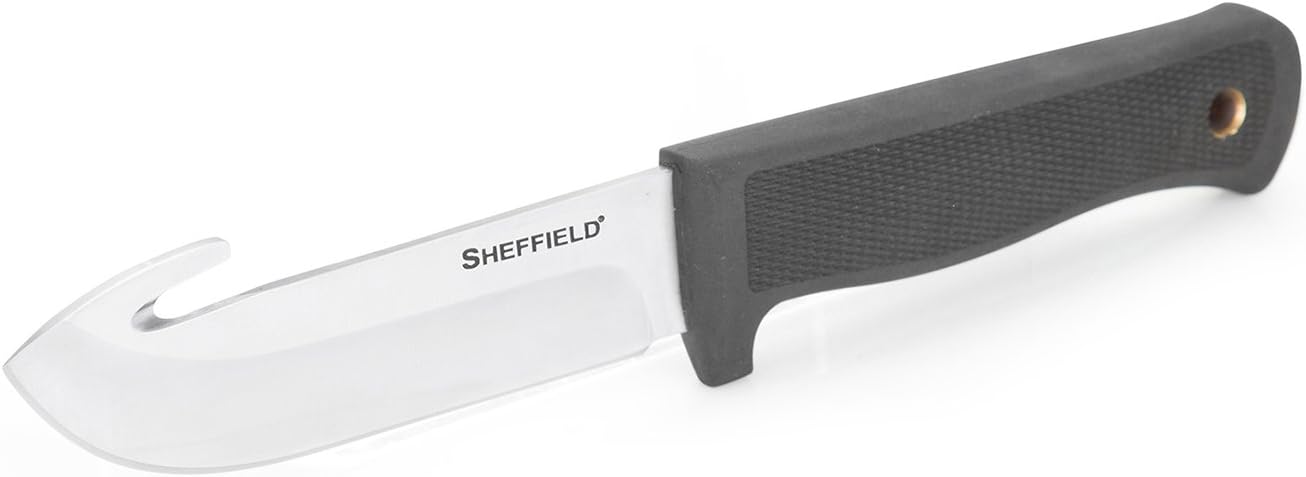 Sheffield 12184 Bax 4.5 Inch Drop Point Fixed Blade Hunting Knife with Gut Hook and Sheath, Full-Tang, Tactical Knife, Self Defense Weapon, and More