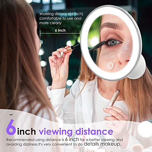BEQOOL 10X Magnifying Lighted Makeup Mirror with Lights, 360°Rotation Vanity Mirror Portable Hand Cosmetic Light Up LED Mirror with Strong Sticky Suction Cup for Home Bathroom Shower Travel (Silver)