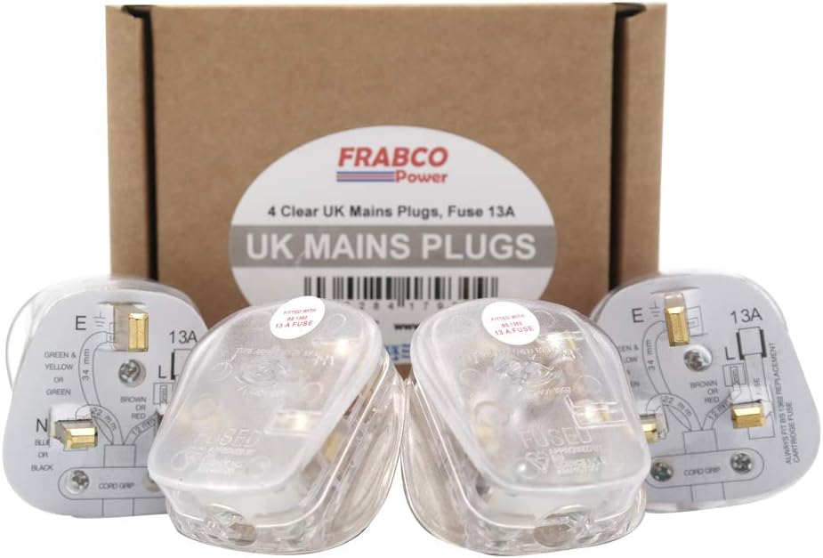 HDIUK Quality 4 Pack UK 13A Mains Plug top self Wire. (Transparent)