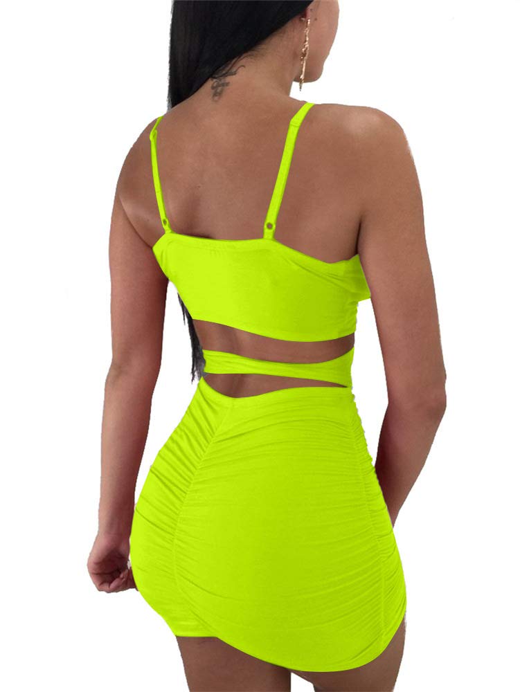 GOBLES Women's Sexy Bodycon Spaghetti Strap Ruched Lace Up Mini Club Dress