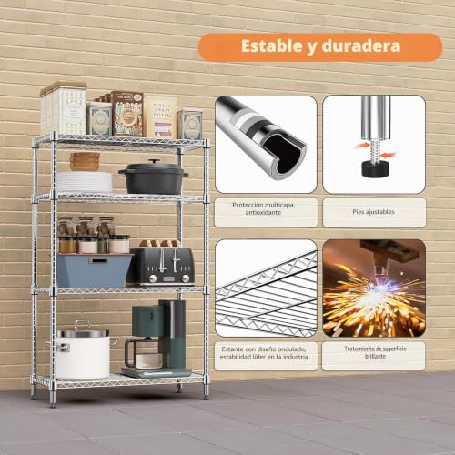 M MZG Heavy Duty 4 Tier Metal Shelving Unit, Up to 636 kg, Adjustable Shelves for Garage, Workshop and Warehouse, Studio, Chrome, 40 x 115 x 151 cm