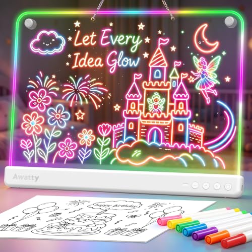 LED Zeichenbrett, Awatty Wiederaufladbare Doodle Notiztafel für Kinder 16 Zoll LED Maltafel mit 10 Lichtmodi Leuchtendes Memo Nachtlicht Notizboard Ge