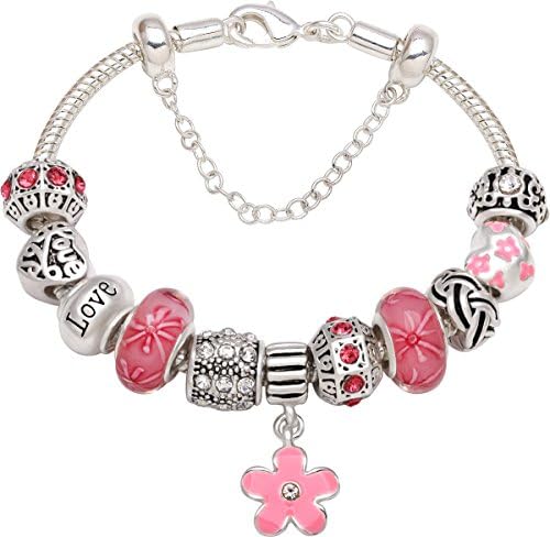 Your Love is The Most Beautiful Flower in My Life Silver-Tone Love Heart Flower Bead Charm Bracelet for Christmas Birthday Anniversary Valentine's Day Valentine Gift