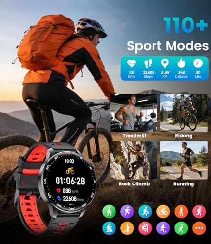 LIamadas Men's Smartwatch, Bluetooth, 1.7-Inch Large Smartwatch with LED Flashlight/800 mAh/IP68, 100+ Sports Modes, Heart Rate Monitor and Sleep, Android and iOS, Black Red