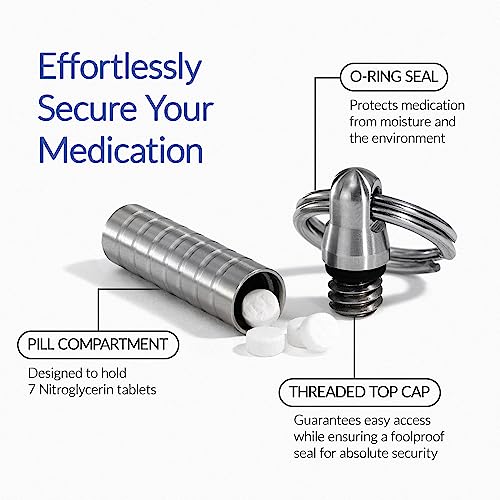 Cielo Pill Holders - Extra-Small Nitroglycerin Keychain Holder, Made in USA Stainless Steel Pill Keychain Container, Waterproof Pill Case, Stores 7 Nitro Pills