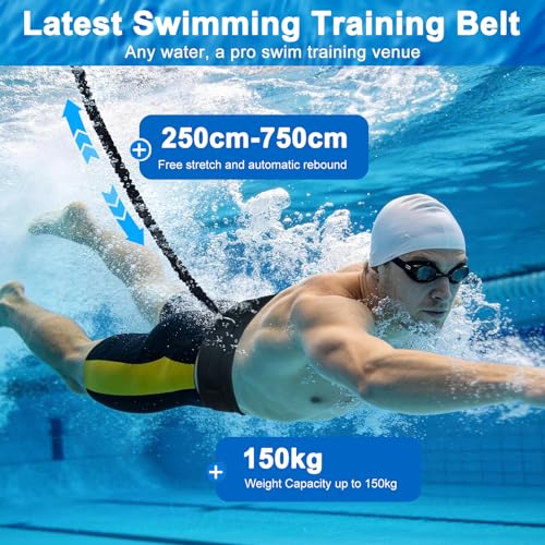 Vexyra Elastico Nuoto Statico Piscina, 2,5-7,5 M Cintura Nuoto Piscina per Adulti e Bambini, Controcorrente Regolabile in Lattice Naturale con Cintura Larga e Imbottita, Aiuto per Allenamento, Nero