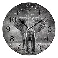 LUCASE LEMON ALEX Black and Grey African Elephant Round Acrylic Wall Clock Non Ticking Silent Clocks for Home Decor Living Room Kitchen Bedroom Office School