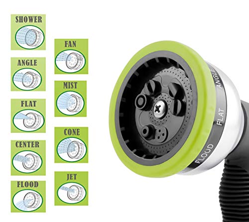 Green Expert High Pressure Garden Hose Nozzle 9 Adjustable Spray Patterns Heavy-Duty Metal Sprayer with Thermoplastic Housing for Car Wash Pets Shower Plants Watering Home Cleaning, 479903