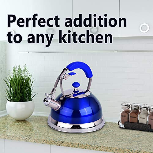 Premium Quality 18/8 Food Grade Heavy Gauge Blue Stainless Steel Whistling TEA KETTLE with Ergonomic Soft Grip Anti-Hot Handle BY UNIWARE- Stovetop pot 2.7 qt. 12 Cup Teapot - Thumbnail 6