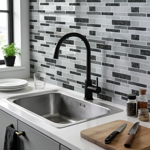 Vieshful 10 Pieces Adhesive Kitchen Tiles 30 x 30 cm, Self-Adhesive PVC Marble Effect Tiles, Kitchen and Bathroom Splash Protector, Wall Cladding Without Works Marble Black-Grey