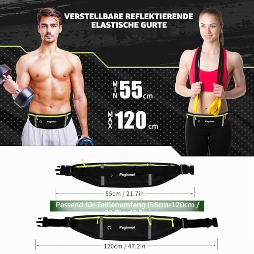 PEGINMOL Running Belt for Mobile Phone, Running Bag Jogging Waterproof Runner Waist Bag for Men and Women with 3 Pockets, Large Capacity Sports Belt, Adjustable Running Belt for Running (Black + Green)