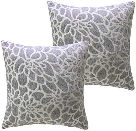 August Love Cotton Throw Pillows Decorative Cushion Covers Embroidered Floral Throw Pillow Cover for Sofa Bedding Throw Pillowcase Chenille Set of 2pc (Grey, 18X18)