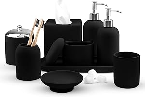 Real Simple- Matching Bathroom Accessories Sets | Soap Dispenser, Lotion Dispenser, Soap Dish, Toothbrush Holder, Tissue Box & More | Complete Modern Bath Decor Set (Black Rubber)